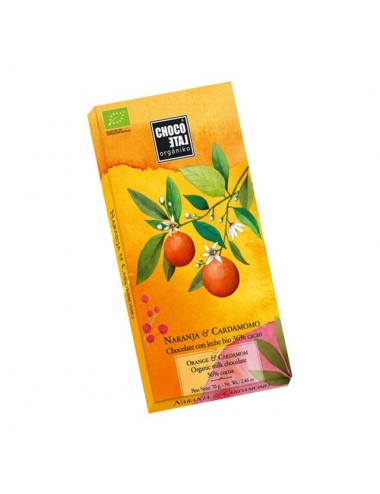 Tableta de Cocolate con Leche 36% Cacao con Naranja y Cardamomo Orgániko 70 g