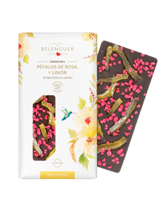 Chocolate negro 64% con limón y pétalos de rosa Belenguer