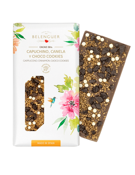 Chocolate con leche 36%, capuchino, canela y choco cookies Belenguer