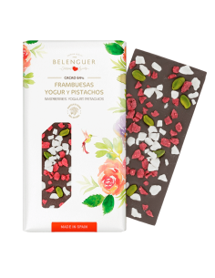 Chocolate negro 64% con frambuesas, yogur y pistachos...
