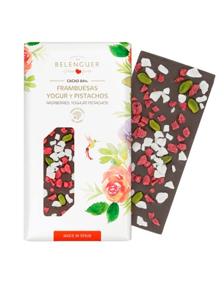 Chocolate negro 64% con frambuesas, yogur y pistachos Belenguer