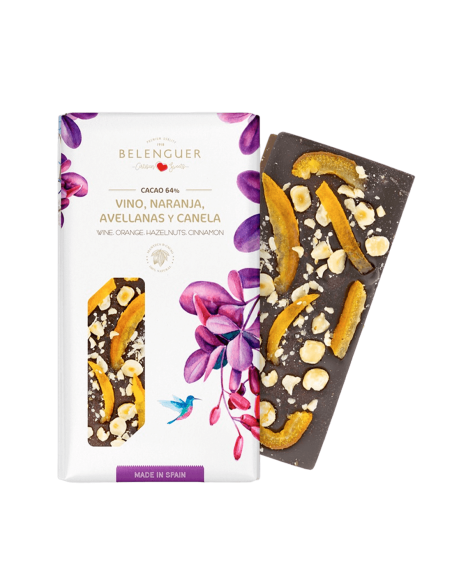 Chocolate negro 64% con vino, naranja, avellanas y canela Belenguer