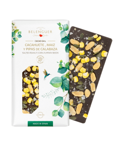 Chocolate negro 64% con Cacahuete Salado , Maíz y Pipas...