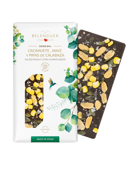 Chocolate negro 64% con Cacahuete Salado , Maíz y Pipas de Calabaza Belenguer